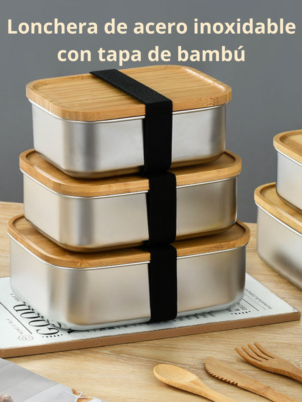 Lonchera de acero inoxidable con tapa de bambú