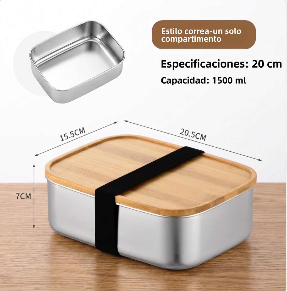 Lonchera de acero inoxidable con tapa de bambú