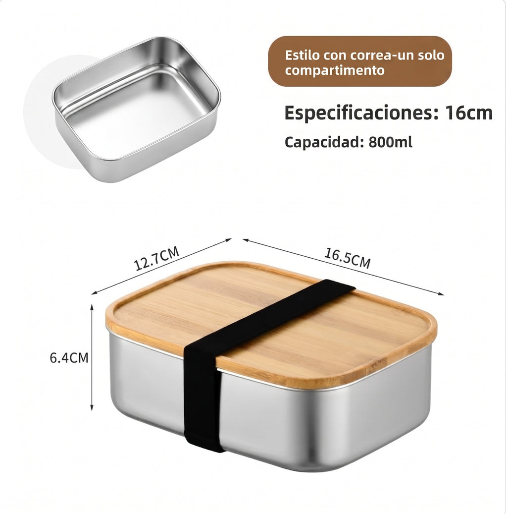Lonchera de acero inoxidable con tapa de bambú