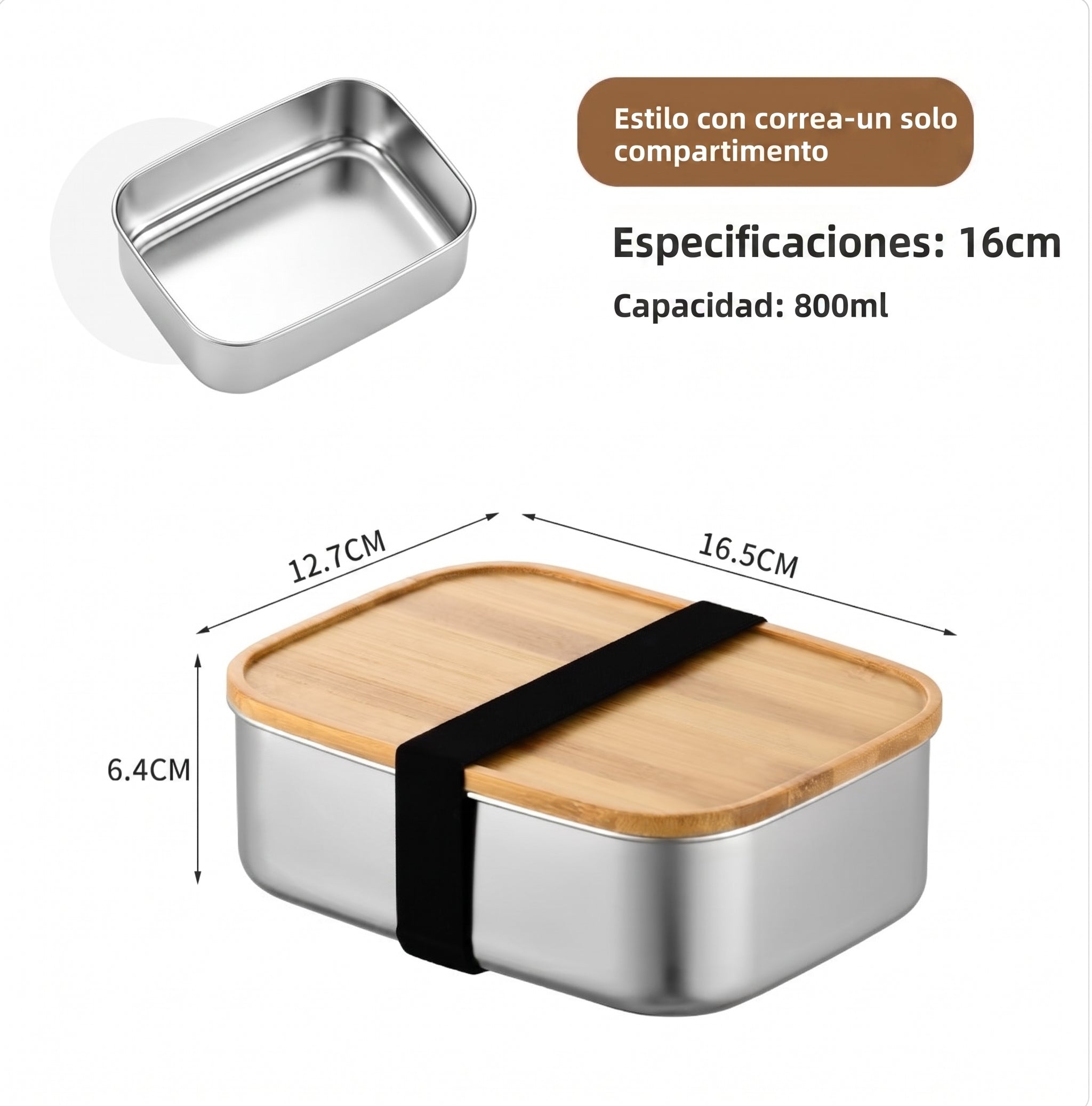 Lonchera de acero inoxidable con tapa de bambú