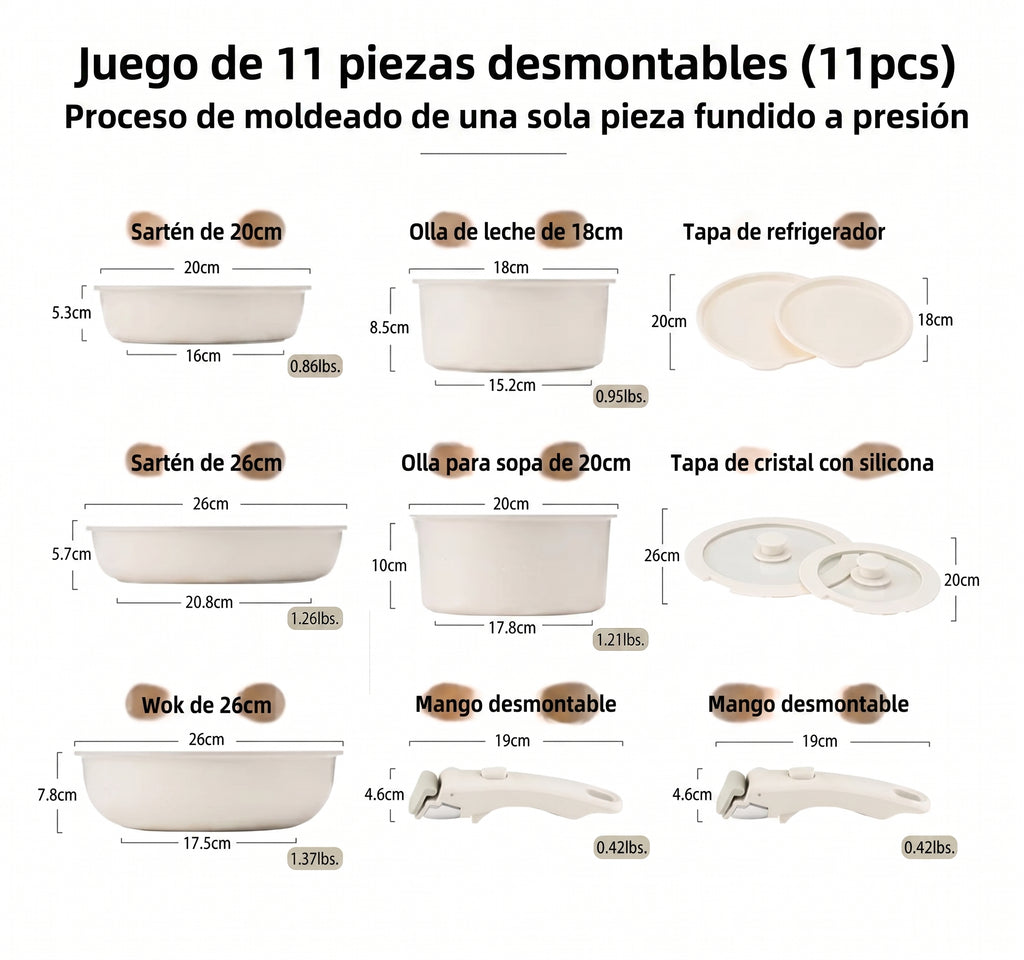 Juego de ollas con mango desmontable