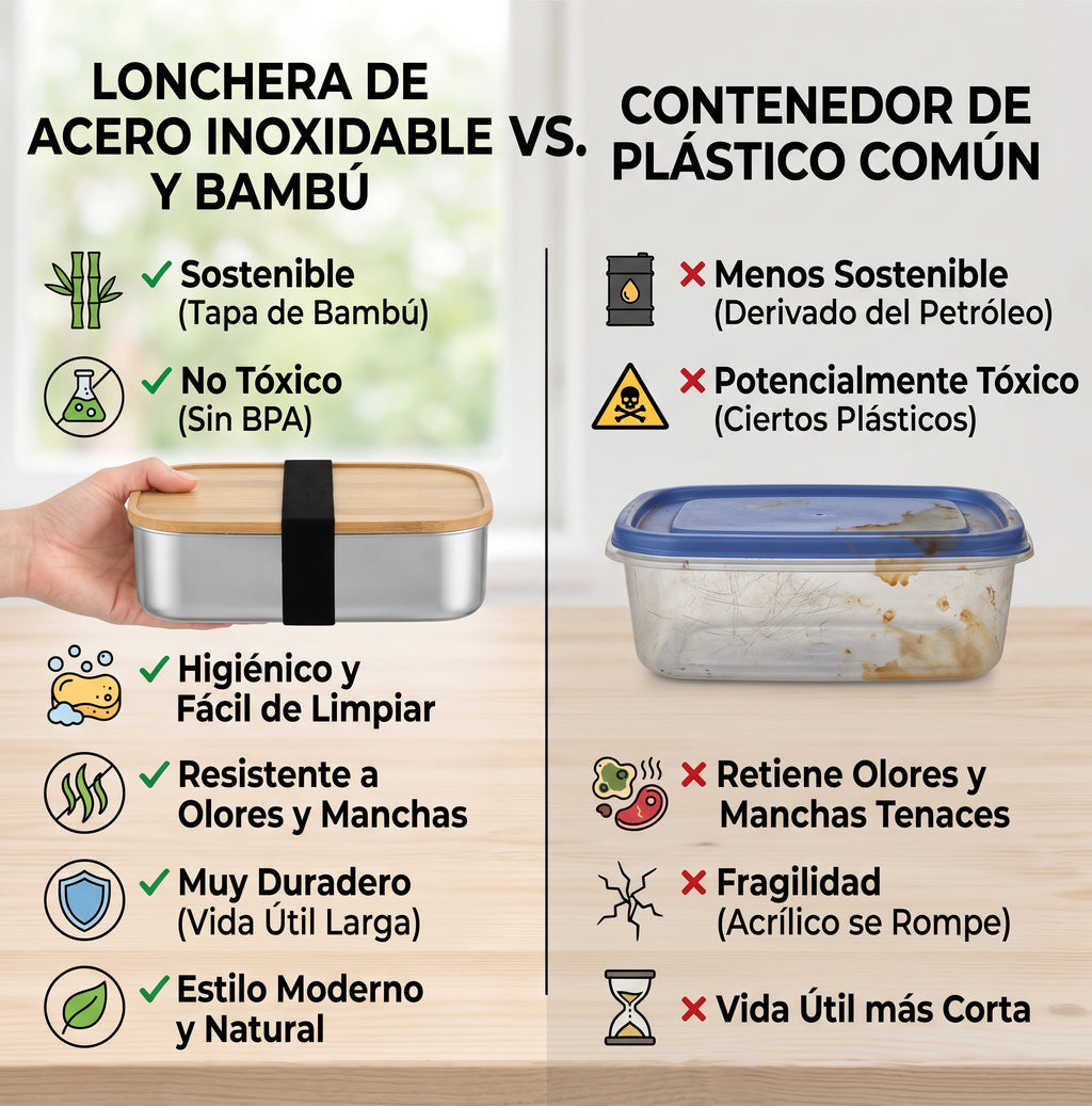Lonchera de acero inoxidable con tapa de bambú