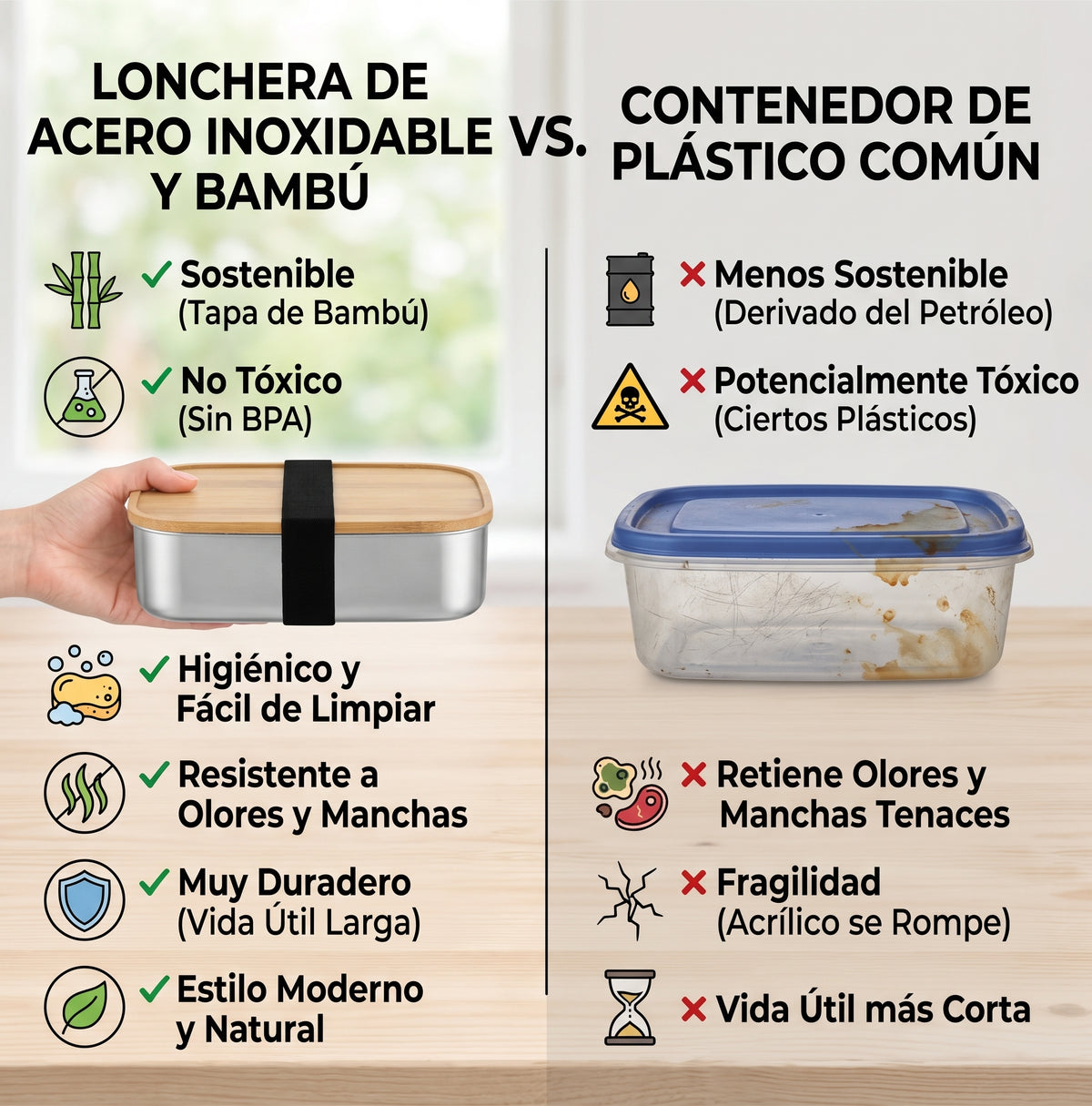 Lonchera de acero inoxidable con tapa de bambú