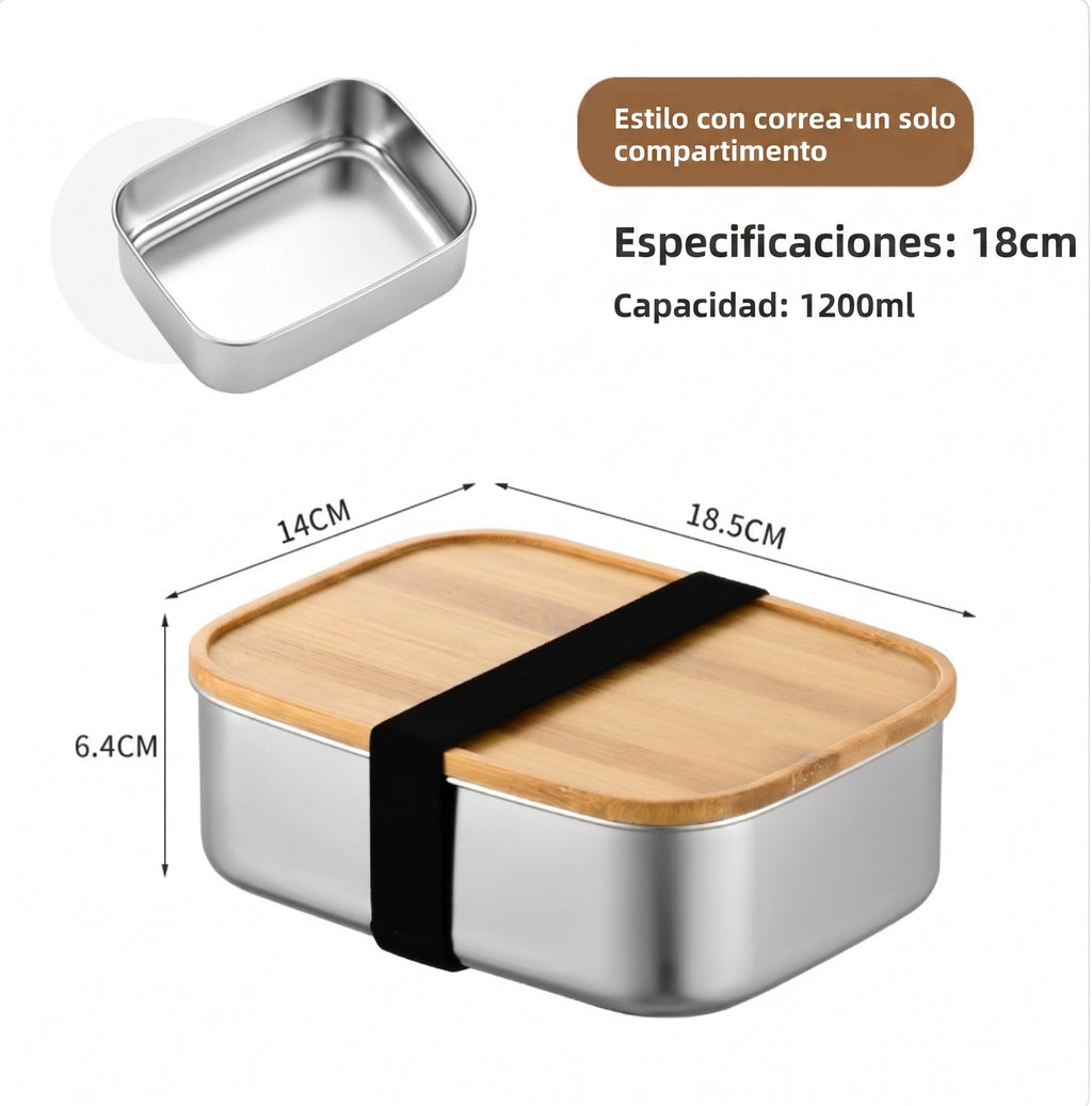 Lonchera de acero inoxidable con tapa de bambú